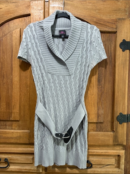 bebe Dresses & Skirts - bebe Gray Cable Knit Shawl Collar Mini Dress with Belt